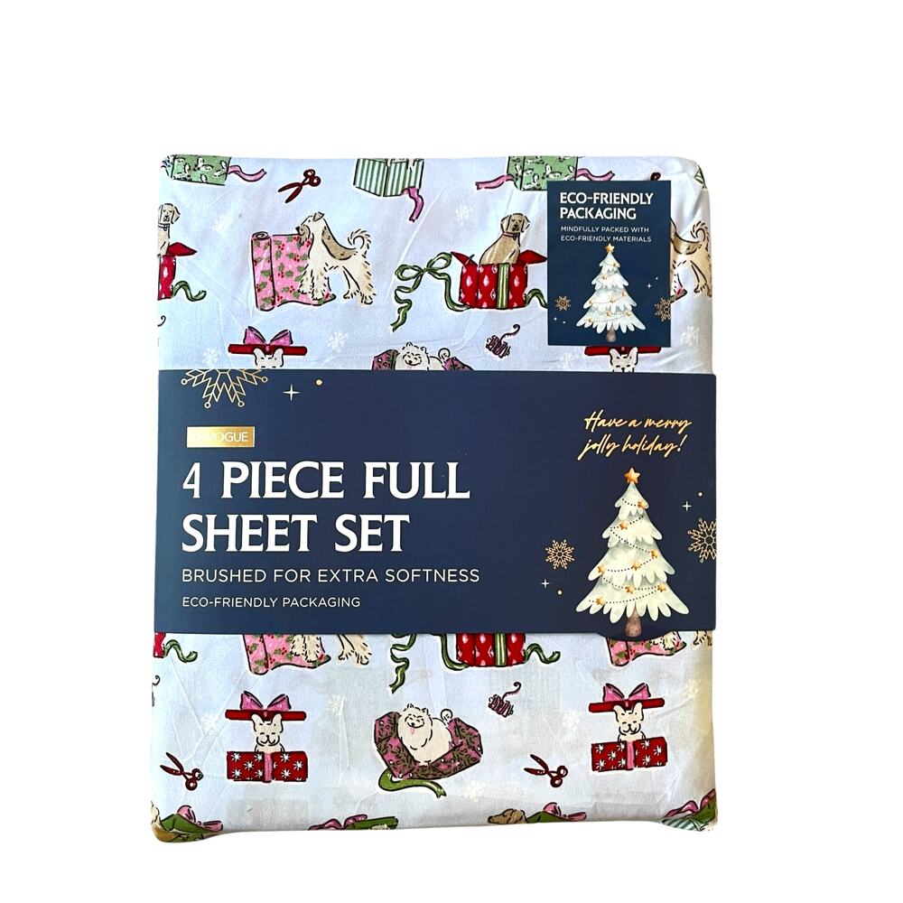 Envogue FULL 4pc Sheet Set Christmas Wrapping Dogs Festive Holiday Bedding NEW